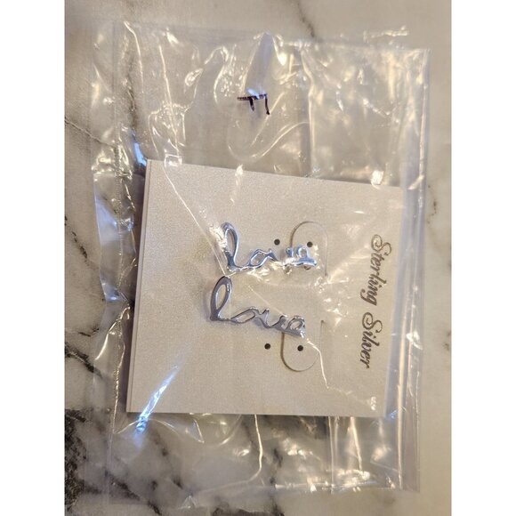 Sterling Silver "Love" Text Drop Earrings With Secure Backing - Picture 2 of 6